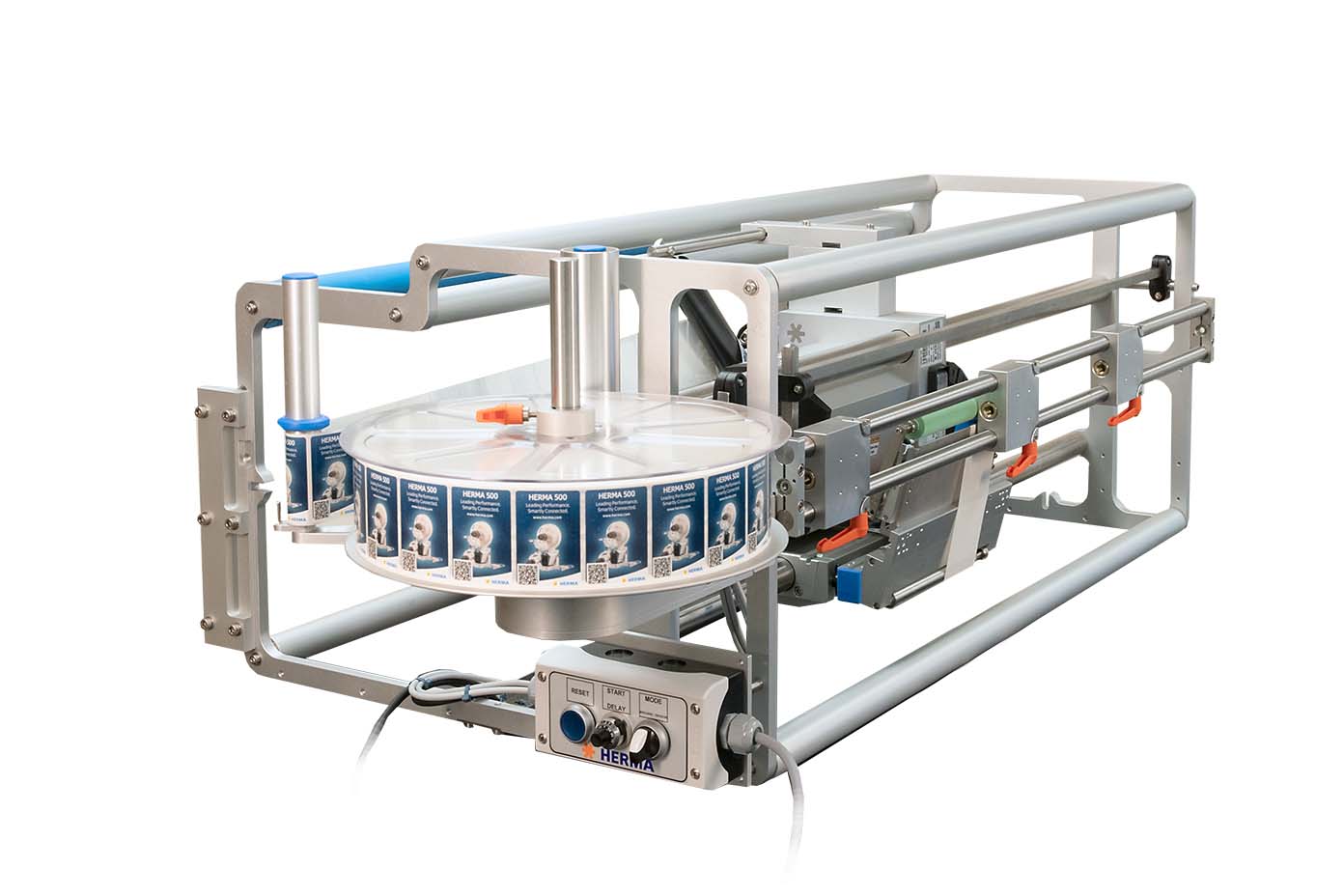 Labeling machine with a rotating disc that applies labels to products. Sturdy construction with control elements.