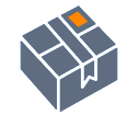 A gray package with an orange sticker on top, sealed with a ribbon.
