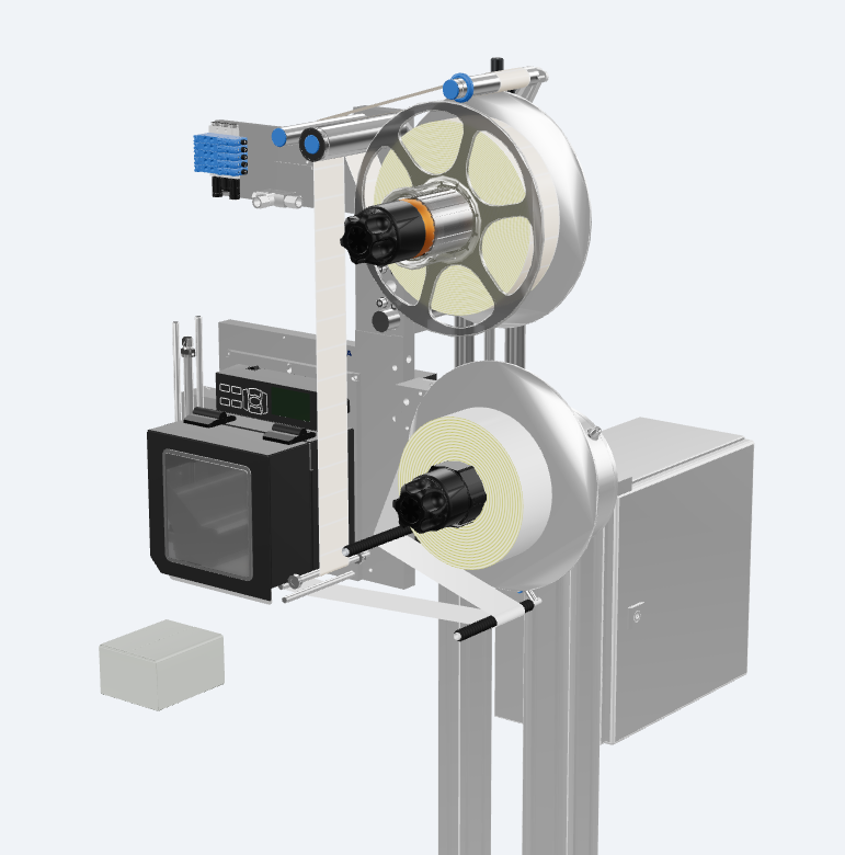 Machine with two spools that wind up cables or threads. Visible control unit and a small box in the foreground.
