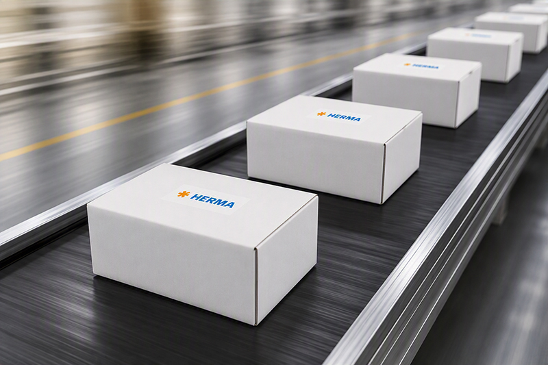 White boxes with the HERMA logo on a conveyor belt in a warehouse or production environment.