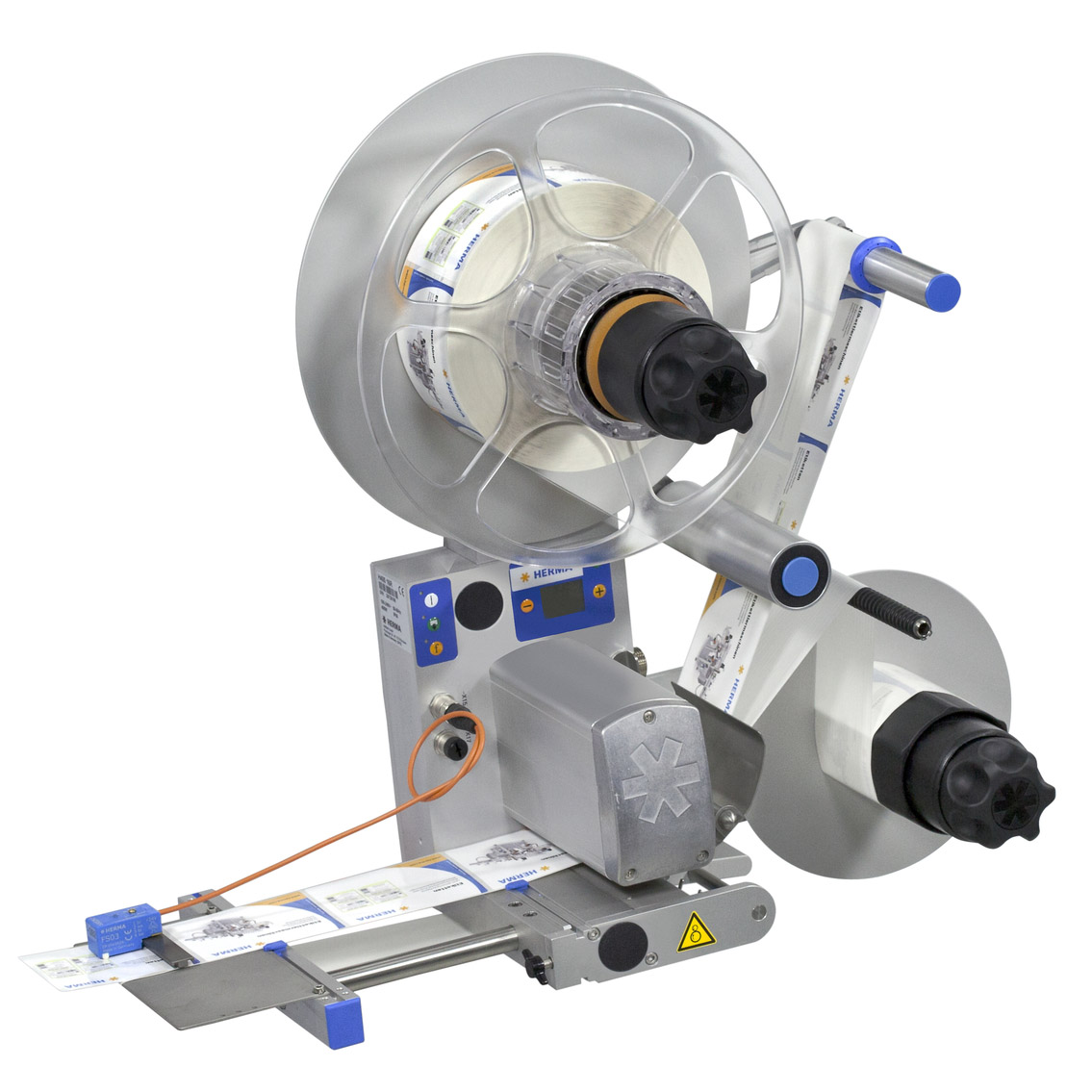 Labeling machine with two rollers, a motor, and controls, used for applying labels to products.