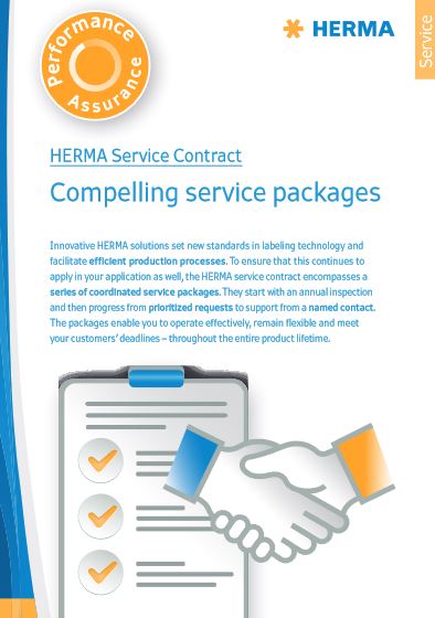 HERMA service contract with information on innovative solutions, coordination of service packages, and support from a dedicated contact person.