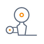 A simple, stylized symbol of a machine with two wheels and a central body, in gray and orange colors.