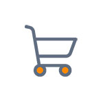 Shopping cart icon with a gray frame and orange wheels.