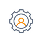 Symbol of a gear with a stylized person in the center, depicted in gray and orange colors.