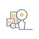 Graphic representation of a location with buildings and a location marker in orange and gray.