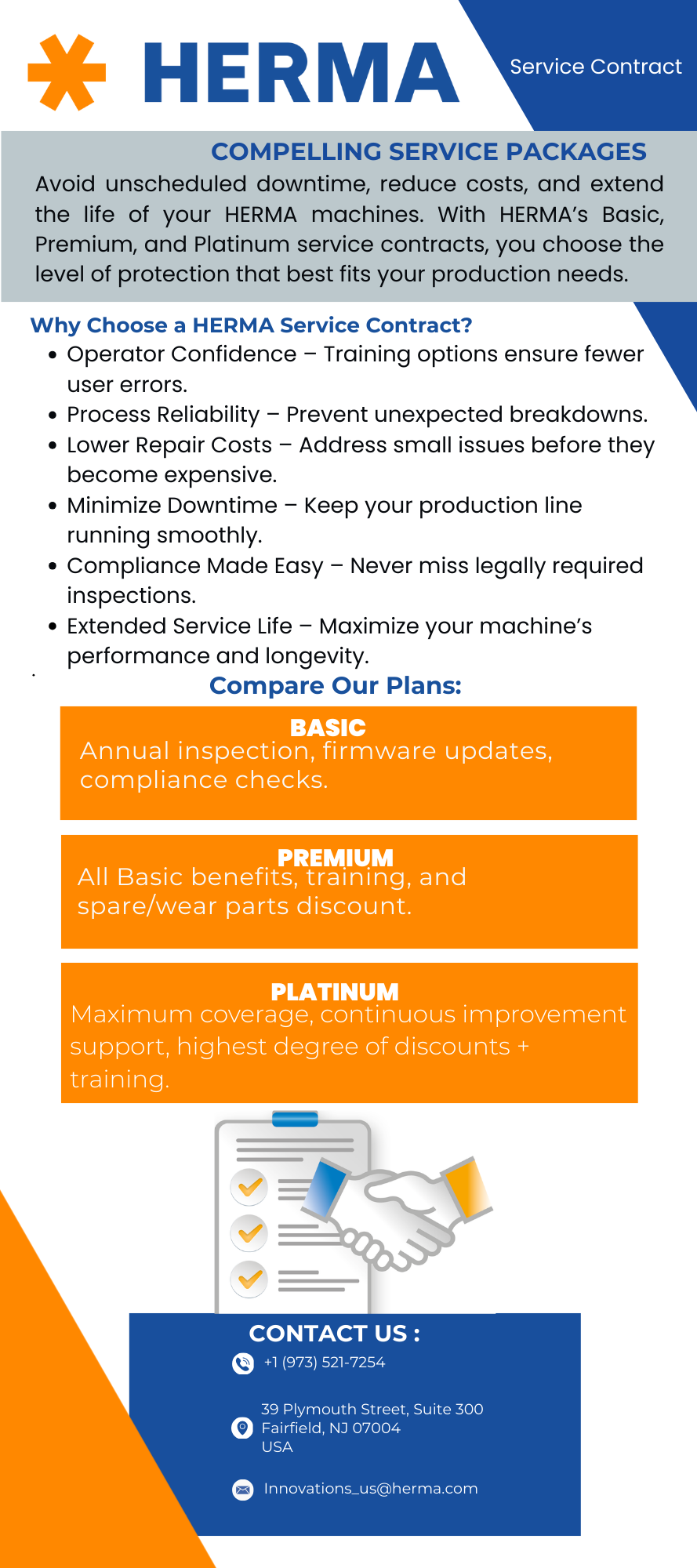 HERMA service contract with various packages: Basic, Premium, and Platinum, offering inspections, training, and cost reductions.