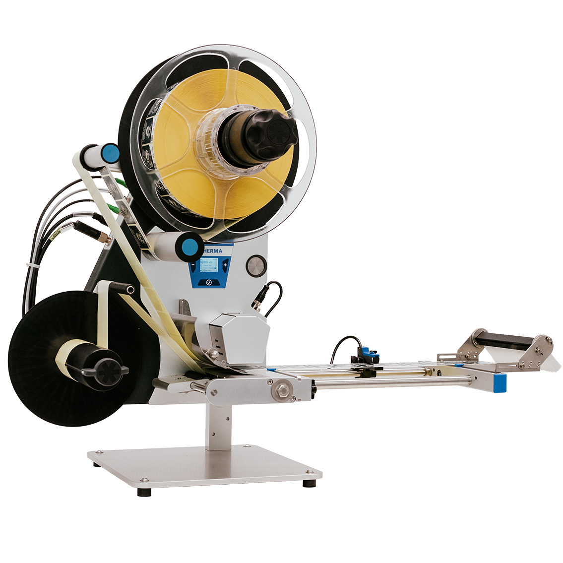 A labeling machine with a large roll holder, used for applying labels to products.