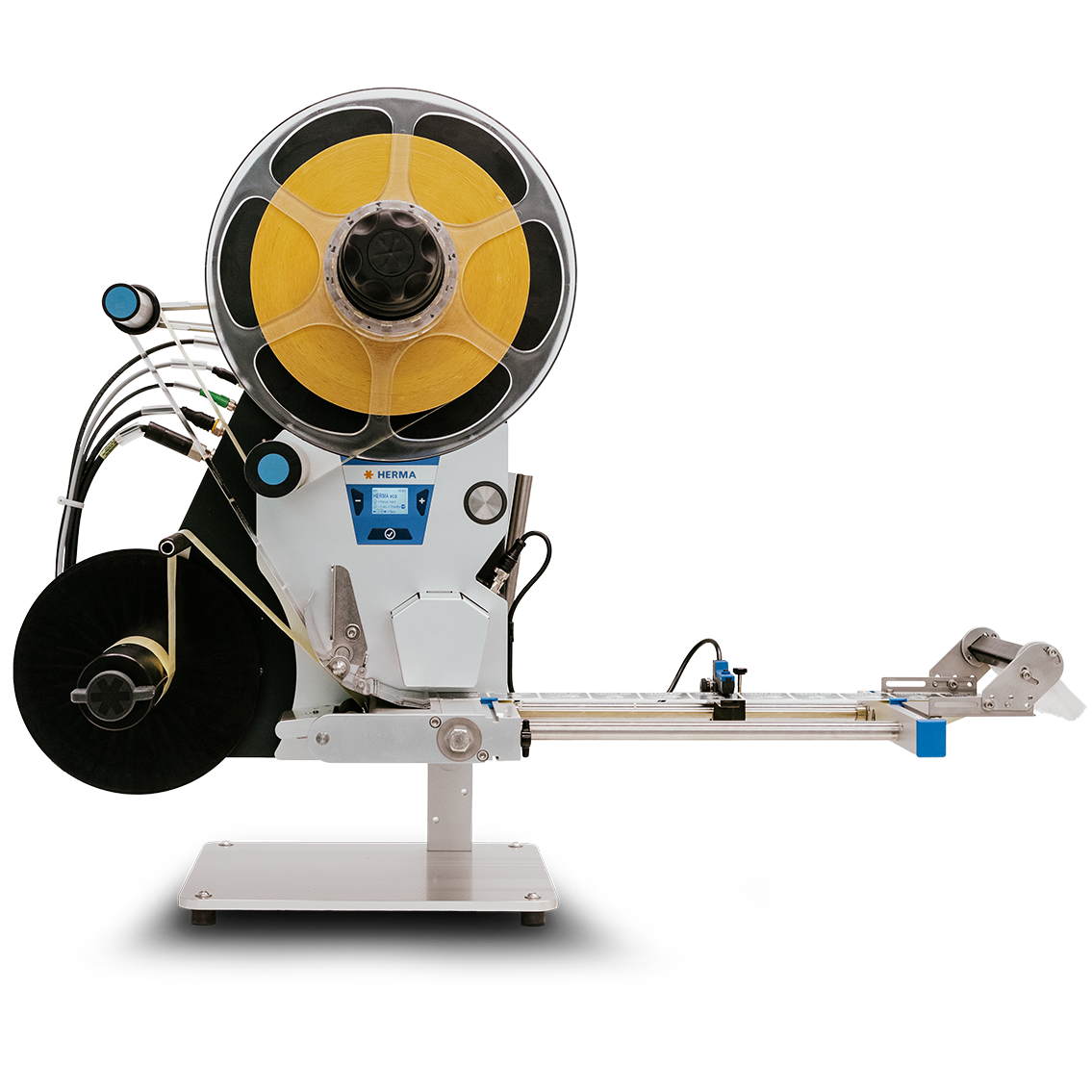 An automated machine for applying labels, equipped with a large spool and a precise feeding mechanism.