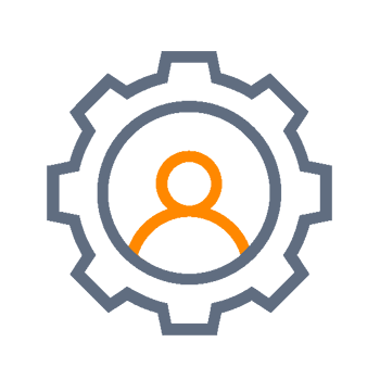 Symbol of a gear with a stylized person in the center, depicted in orange and gray.