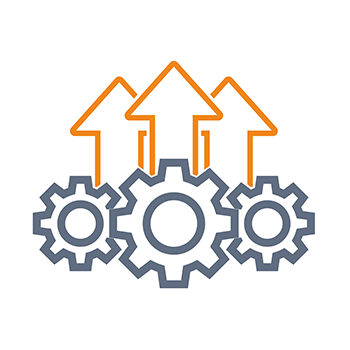 Three gears with ascending arrows above them symbolize progress and efficiency in a technical context.