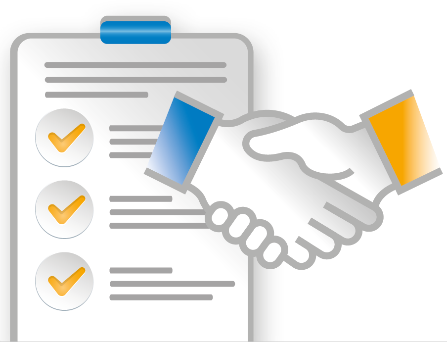 Handshake between two people next to a checklist with three checked-off items.