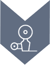 A simple, minimalist symbol of a wheel and axle on a gray background.