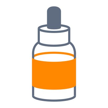 A bottle with a dropper that has an orange label strip. The bottle has a gray cap and a transparent body.