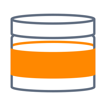 A round container with an orange band around the middle, filled with a yellow substance.