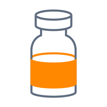 A medication vial with an orange label containing a clear liquid.