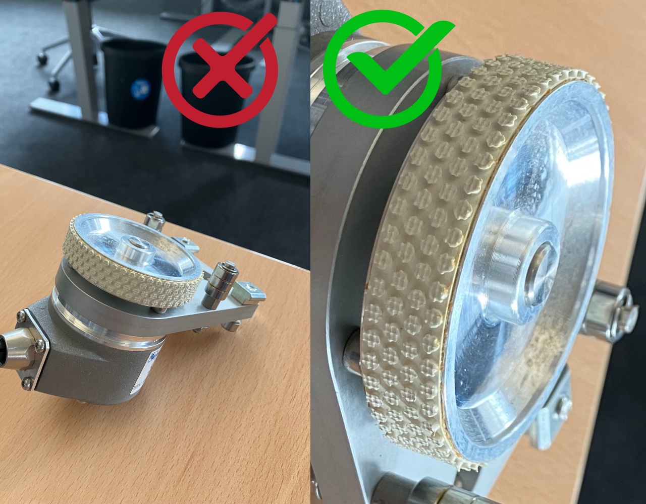 Two views of a mechanical part, showing one correct and one incorrect assembly, with colored markings for distinction.