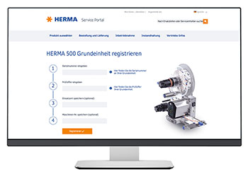 HERMA Service Portal with registration steps for the HERMA 500 basic unit and a technical device.
