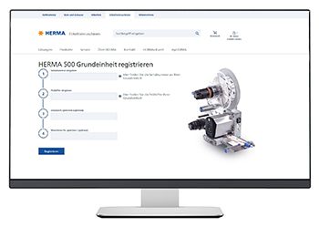 Registration page for the HERMA 500 basic unit, featuring input fields and an image of the device.