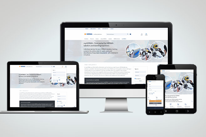 Several devices display the HERMA website, which provides information on labels and labeling solutions.