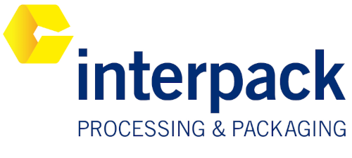 Logo of the interpack trade fair, which specializes in processing and packaging. Yellow symbol and blue text.