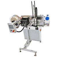 Automatic labeling machine with control unit, label roll, and conveyor belt for precise labeling of products.