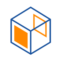 A stylized cube with blue and orange faces that represents geometric shapes.
