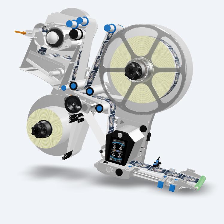 Technical representation of a labeling machine with rollers, drive mechanisms, and control elements in a modern design.