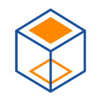 A stylized cube with an orange square and blue lines that represent a code symbol.