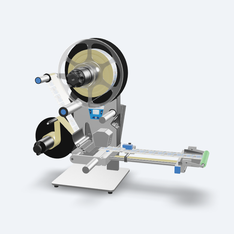 A labeling machine with rollers, a conveyor belt, and control elements for applying labels to products.