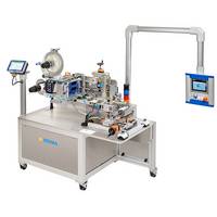 Automatic labeling machine with a control panel and various mechanical components for labeling products.