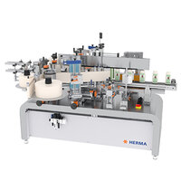 A labeling machine from HERMA with multiple stations for applying labels to bottles or containers.