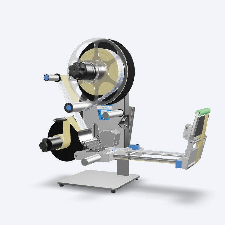 A labeling machine with rollers that applies labels to a surface. It consists of a sturdy frame and several rollers.