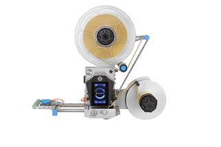 A modern labeling machine with two spools, a digital display, and various controls for customizing the labeling process.