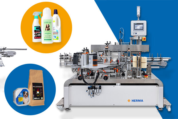 Various machines for labeling and packaging liquids, surrounded by product images in circles.