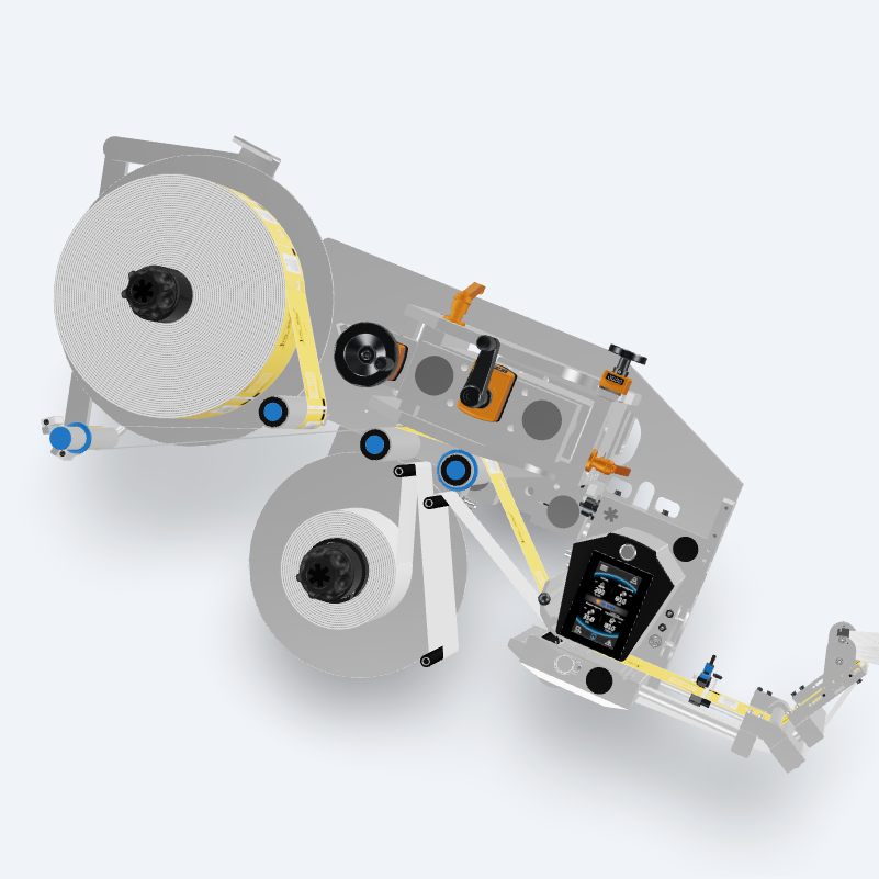 Technical drawing of a machine component featuring two large rollers, various mechanical parts, and a control element.