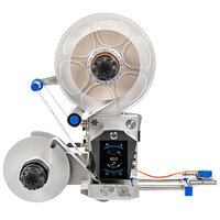 A modern labeling machine with two rollers, a digital display, and a precise control system for labeling applications.