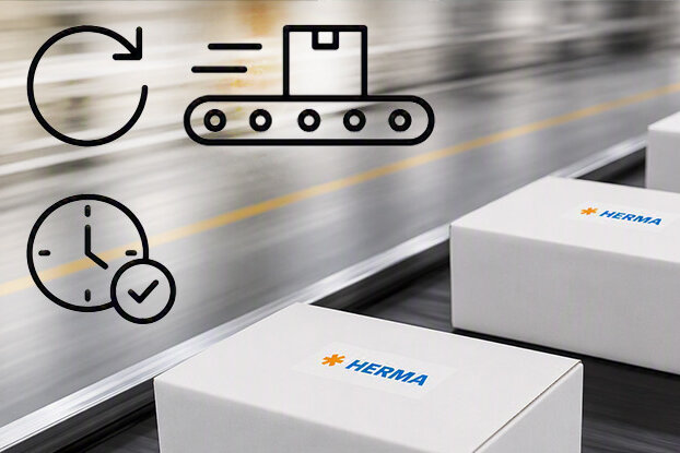 Automated conveyor technology with packaging machines and symbols for efficiency and logistics. Packed boxes on a conveyor belt.