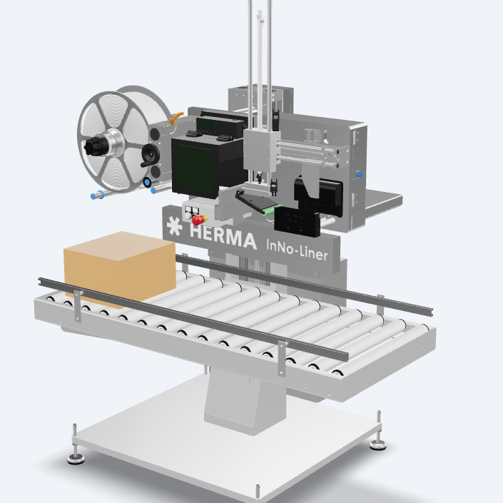 Automatic labeling machine with conveyor belt, equipped with a label dispenser and a control unit.