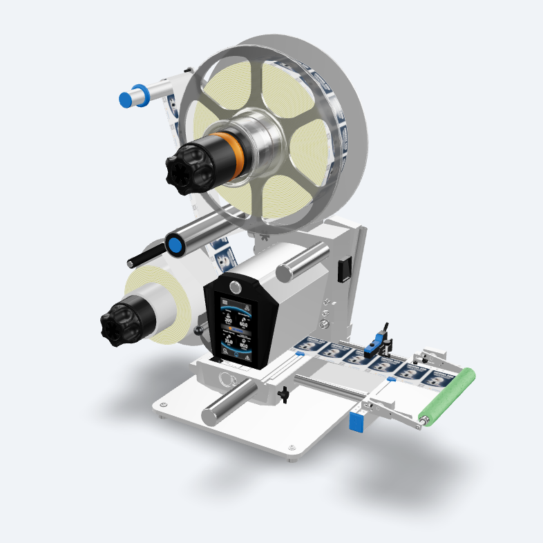 A labeling machine with two rollers, a control panel, and a conveyor belt for the automatic labeling of products.