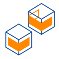 Two stylized cubes with orange and blue elements that represent a modern, geometric shape.
