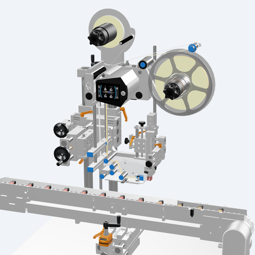 A technical illustration of a labeling machine featuring various components, including rollers, a control unit, and a conveyor belt.