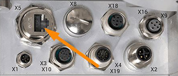Connection panel with various connectors, including a highlighted RJ45 port (X10) and several round sockets.