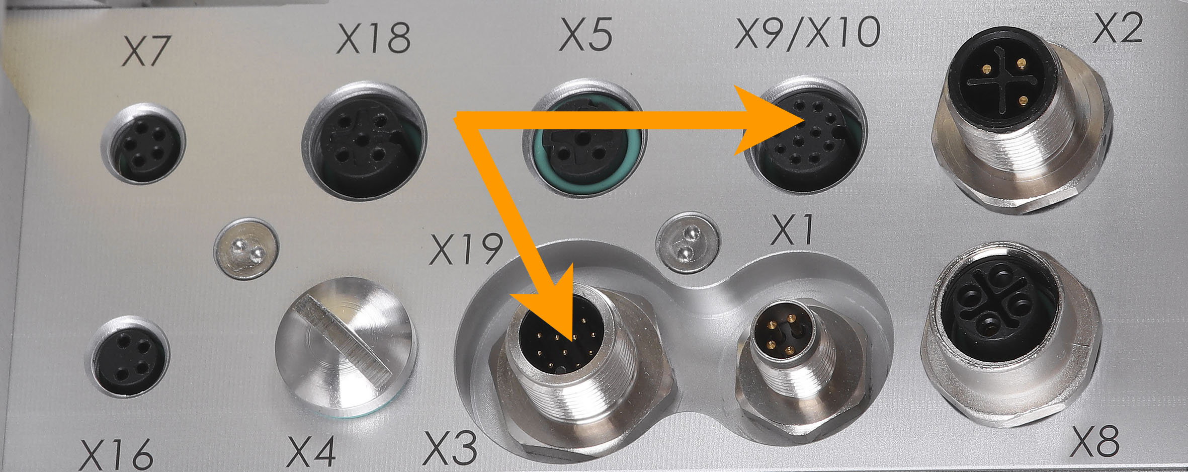 Connection panel with multiple round sockets, labeled from X1 to X19, for various connections.